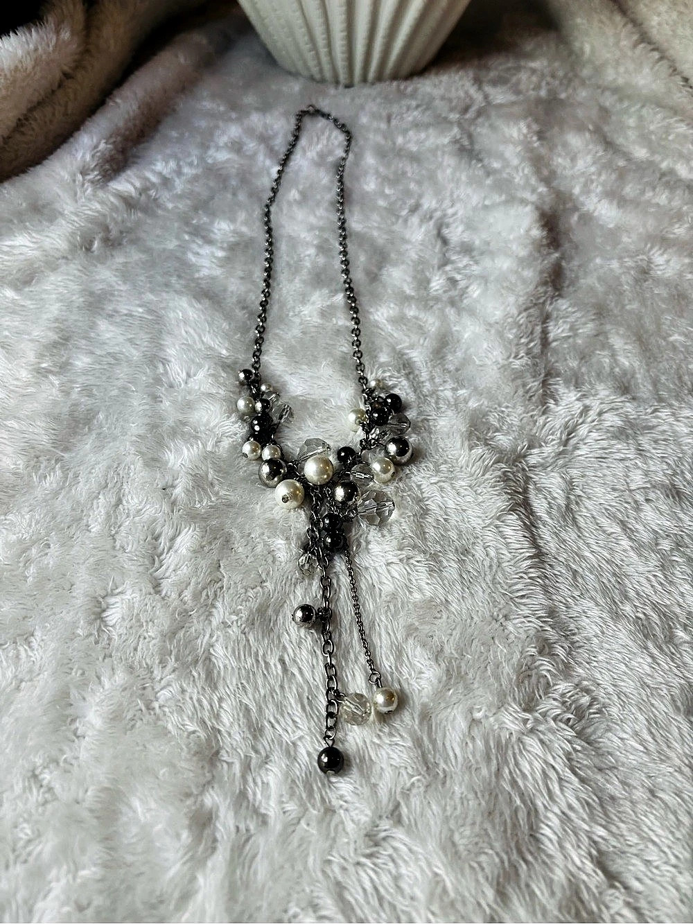 Beaded Statement Necklace in Silver & White Like New